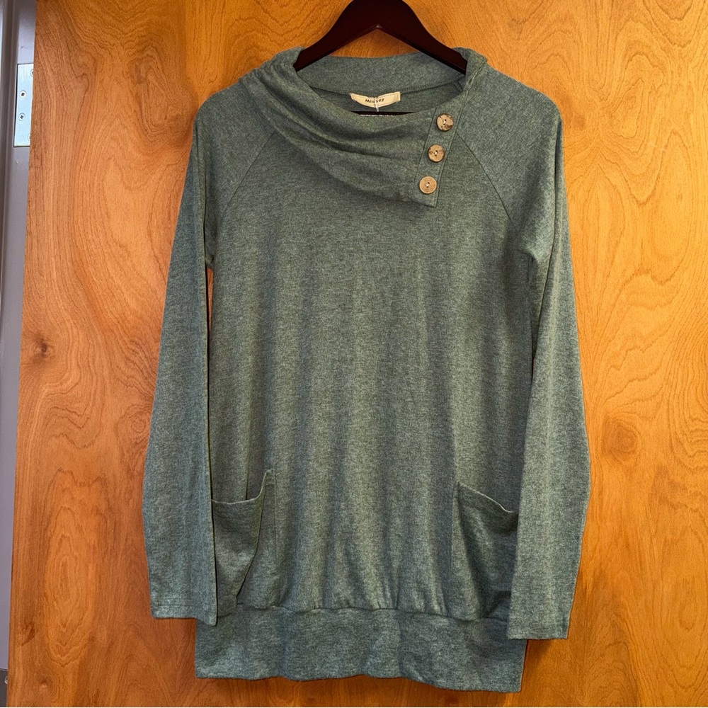 Miusey Women's Small Raglan Long Sleeve Cowl Neck Pullover Tunic Pockets Green